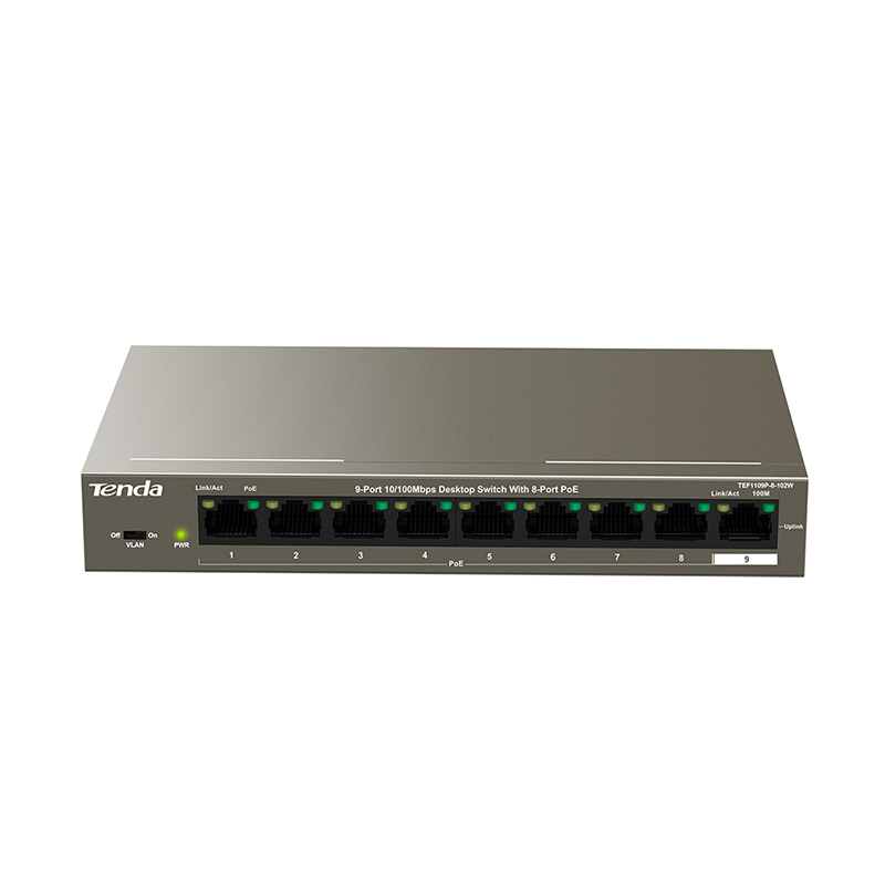 Tenda 9-port 10/100Mbps switch with 8-port PoE+ Unmanaged Switch (TEF1109P-8-102W)