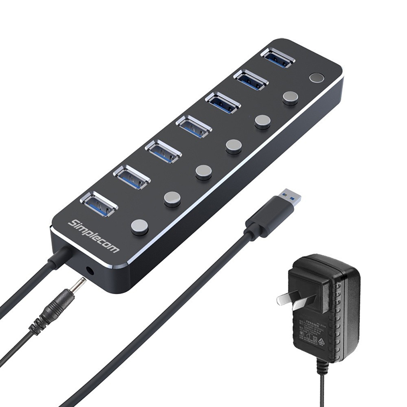 Simplecom CH375PS Aluminium 7 Port with Individual Switches and Power Adapter USB 3.0 Hub - OPENED BOX 73325