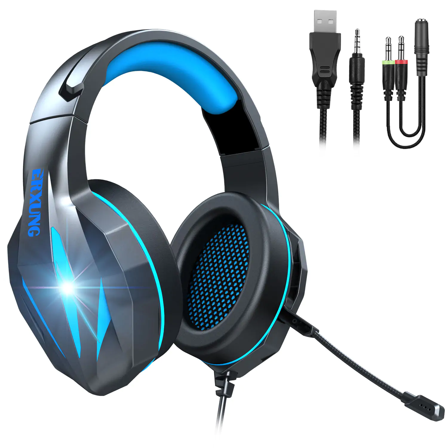 J5 Gaming Headset With Noise-canceling Microphone Wired Stereo Bass  Headphones Colorful Glow LED Light Computer PC Earphons BLUE