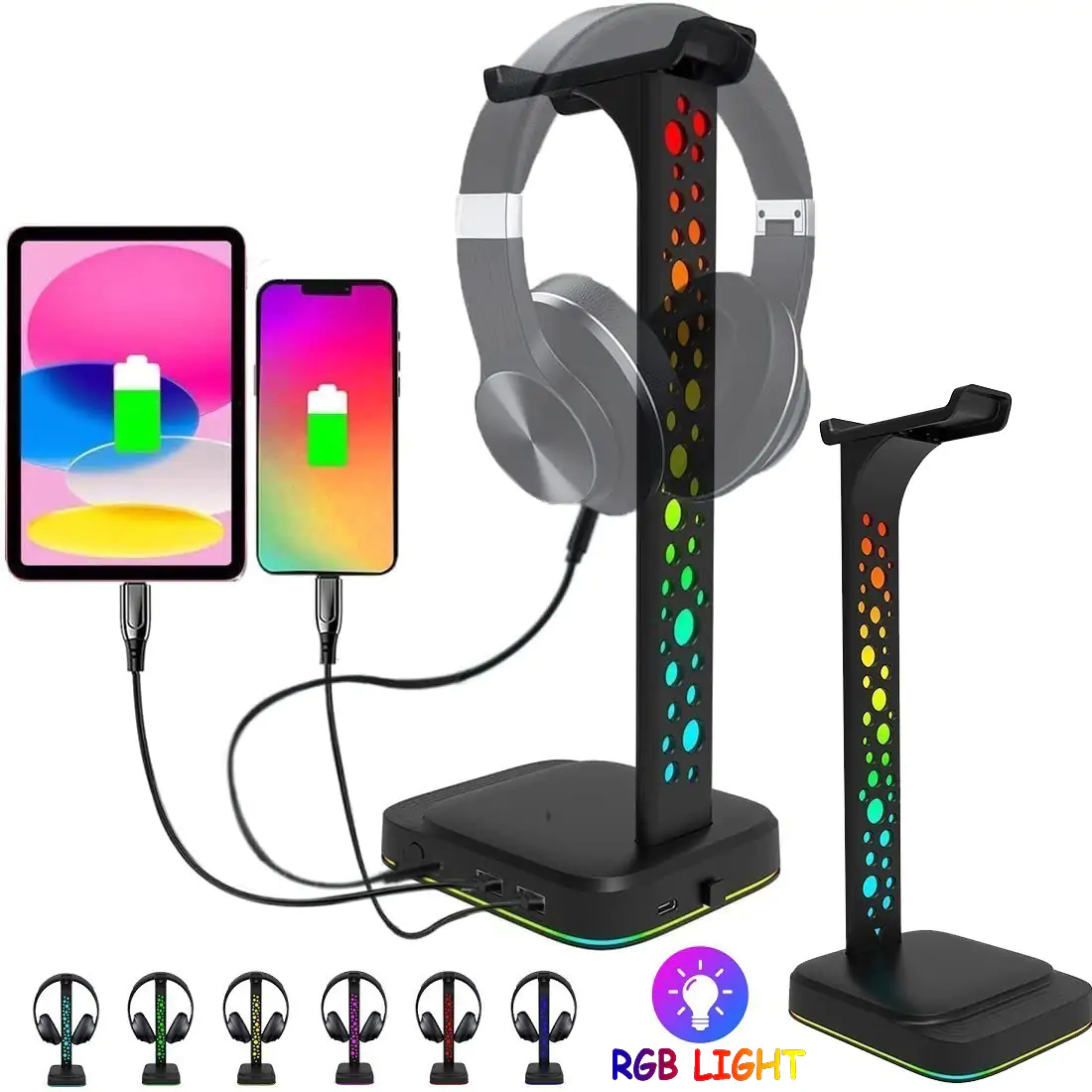 Headphone Stand RGB Gaming Headset Holder with 2 USB Ports & 10 Light Modes