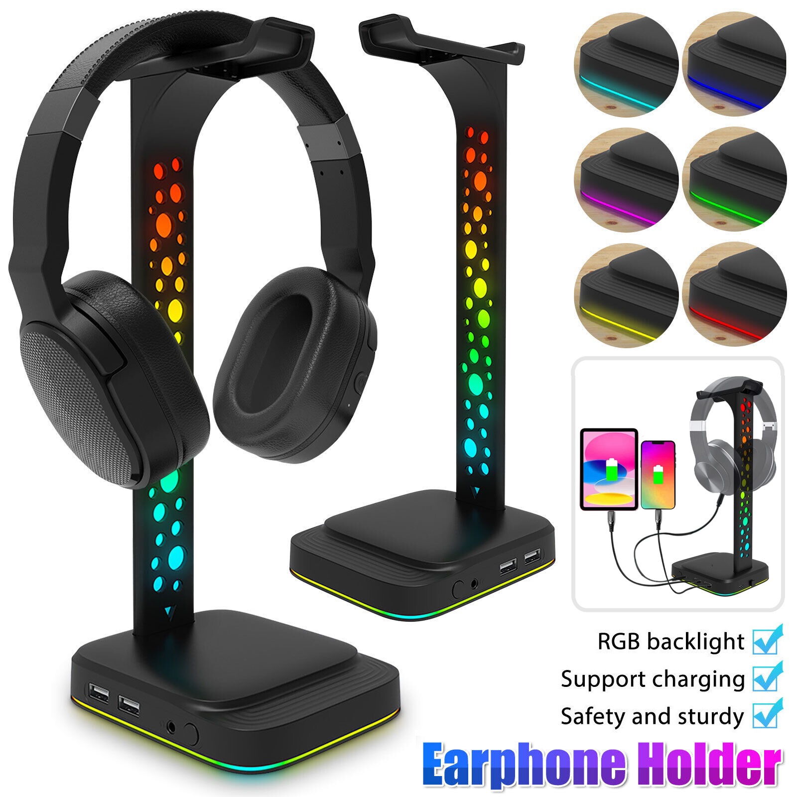 Headphone Stand RGB Gaming Headset Stand with 3.5mm AUX 2 USB