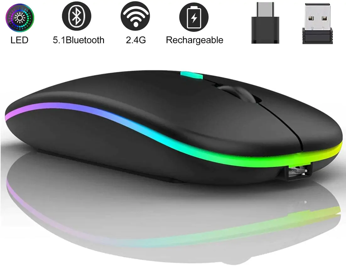Wireless Mouse 2.4G Bluetooth Mouse Rechargeable Silent Mouse USB & Type-c Receiver Dual Mode LED Mouse Laptop Mouse for Computer MacBook iPad iPhone -