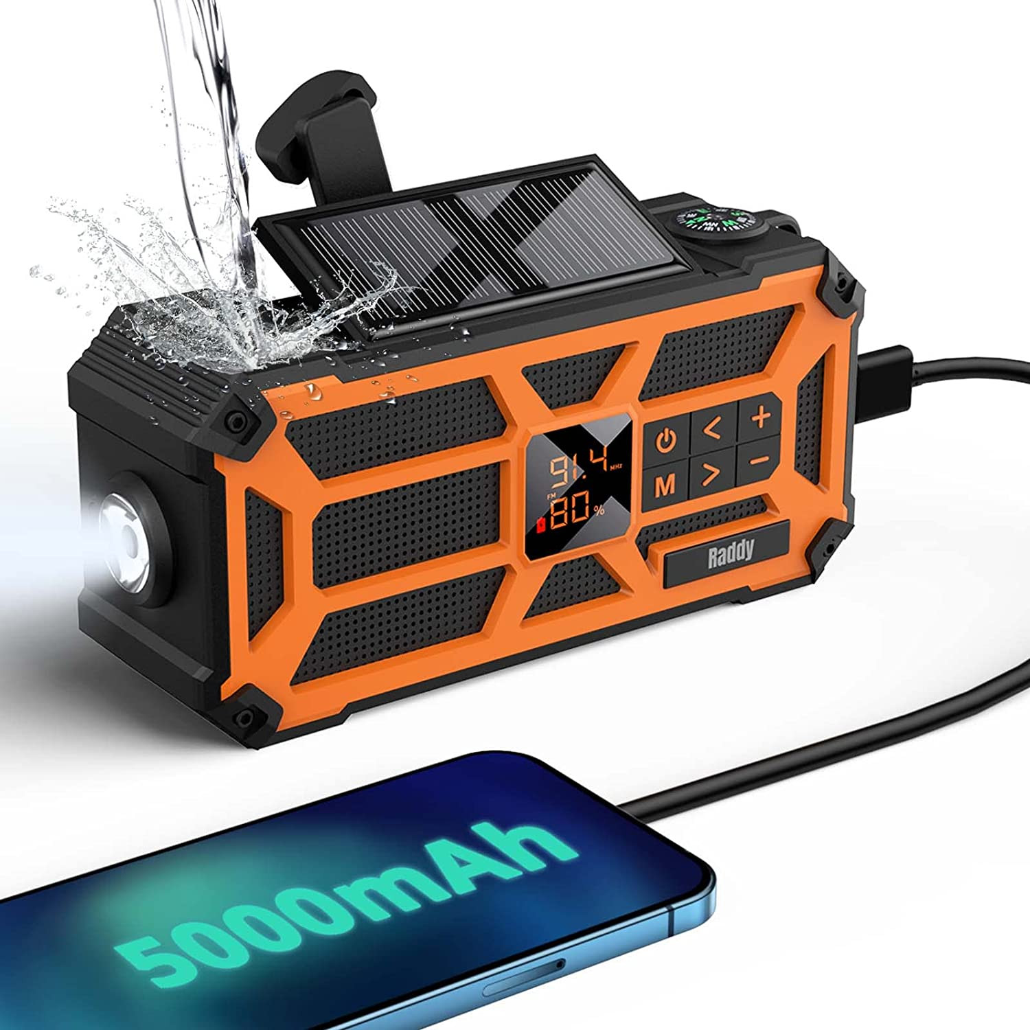 [5000mAh Waterproof] Raddy SW5 Emergency Radio, IPX5 Rechargeable Battery Hand Crank Solar Power Bank, with NOAA Weather Alert AM FM, Flashlight Compa