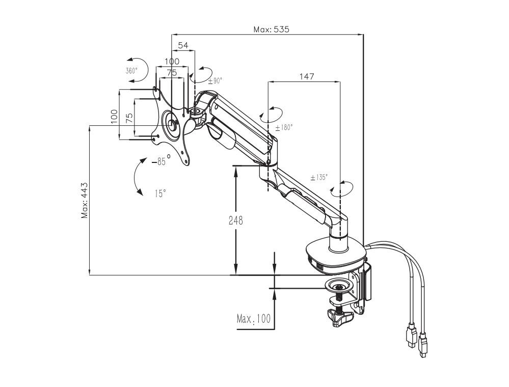 Loctek Pro Mount 17"-30" Single Ergonomic Gas Spring Monitor Stand - Black - VESA 75 & 100mm - Max Load 9kg - Dual USB 3.0 port without connect cable