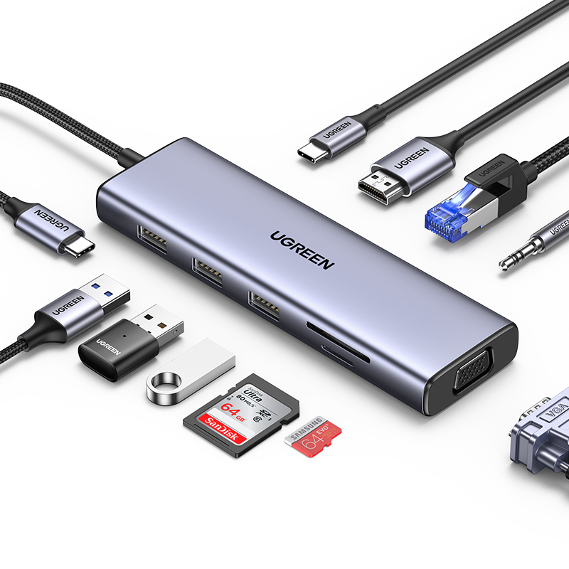 UGREEN USB-C To 3*USB 3.0 A+HDMI+VGA+RJ45 Gigabit+SD/TF+AUX3.5mm+PD Converter