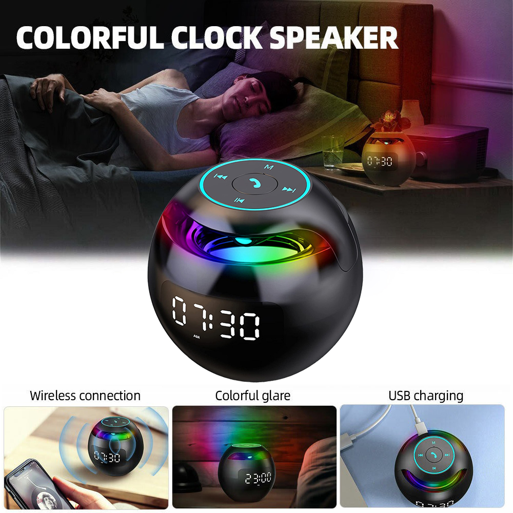 Bluetooth Speaker Digital Alarm Clock TF/FM Radio Portable Speakers with Night Light/HD Bass Sound/Dimmable LED Display/ Motion Sensor Music Player