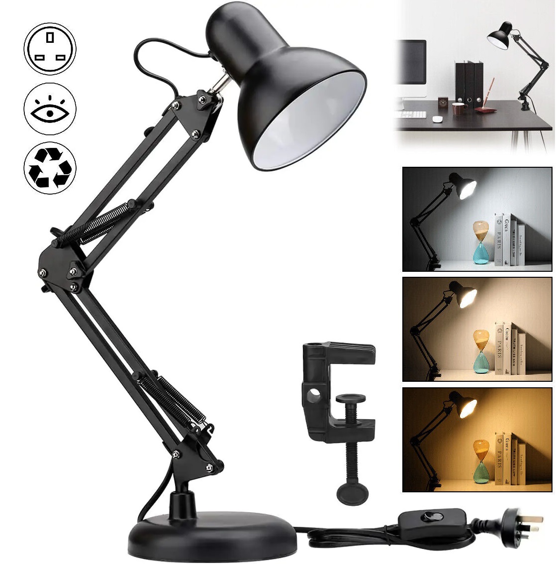 2 in 1 Desk Lamp Swing Arm Desk Light Metal Portable Reading Light Goose Neck Craft Table Lamp Classical Bedside Lamp for Reading Working Studying