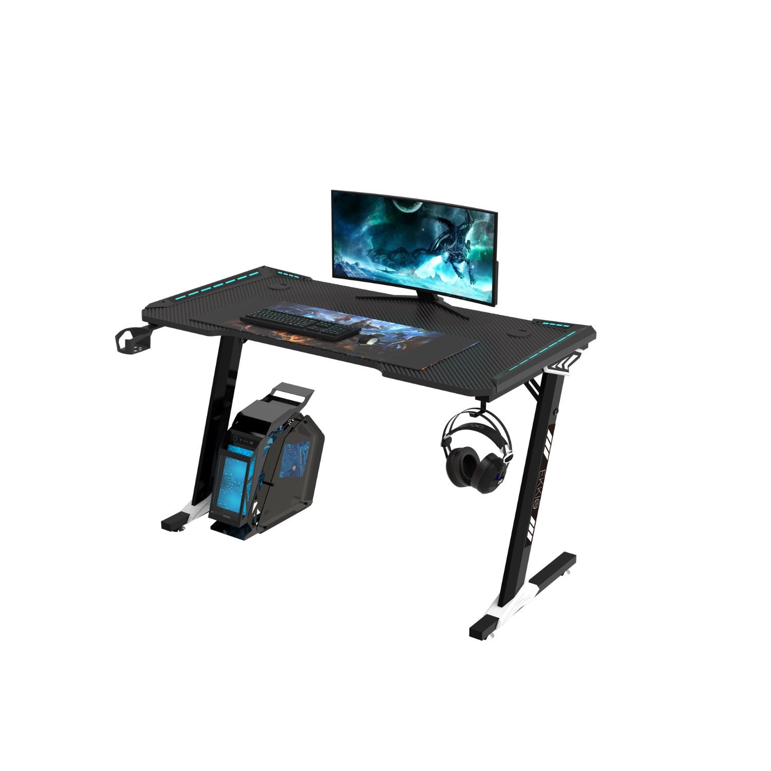 Ekkio RGB Gaming Desk with Ergonomic Design Z Shape Black 140cm Black