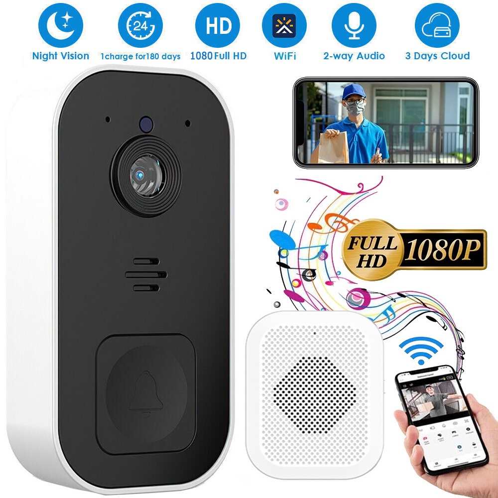 Video Doorbell Wireless Doorbell Camera 1080p HD Video 2-way Audio IP65 Smart Security Door Bell with Cloud Storage Night Vision Real Time Monitor