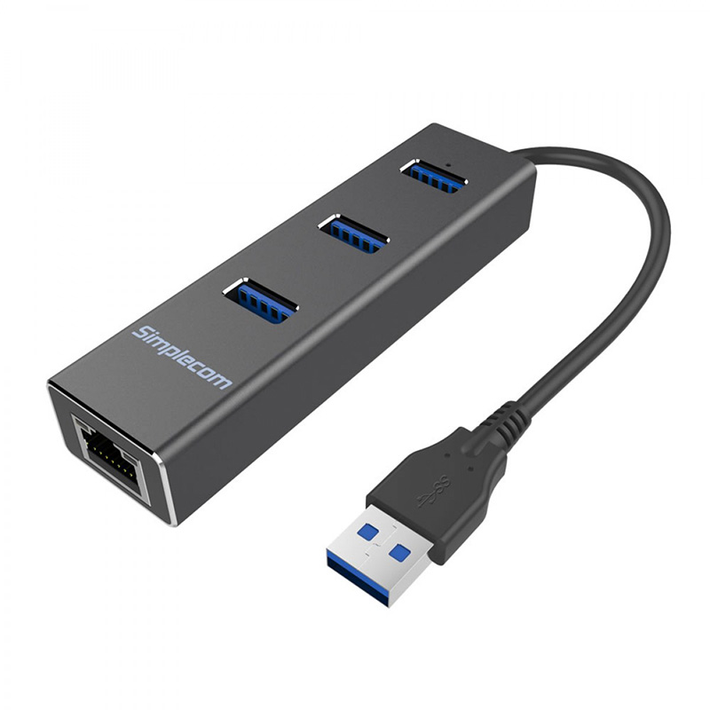 Simplecom CHN410 3 Port USB 3.0 Hub with Gigabit Ethernet Adapter - Black