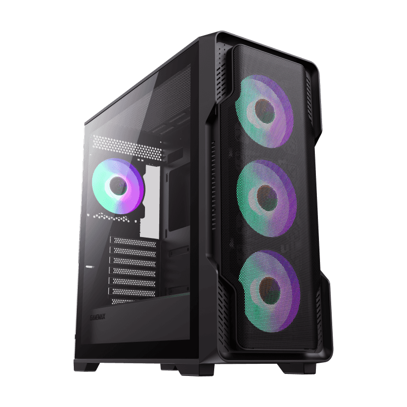 GameMax Siege E-ATX Mid-Tower Gaming Case ，1x Tempered glass side panel ，Pre-installed 4x ARGB Fans - black