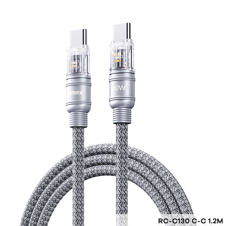 Seedream remax 100W Fast Charging Data Cable with Light RC-C130 Type C to C C-C 1.2m Silver Gray