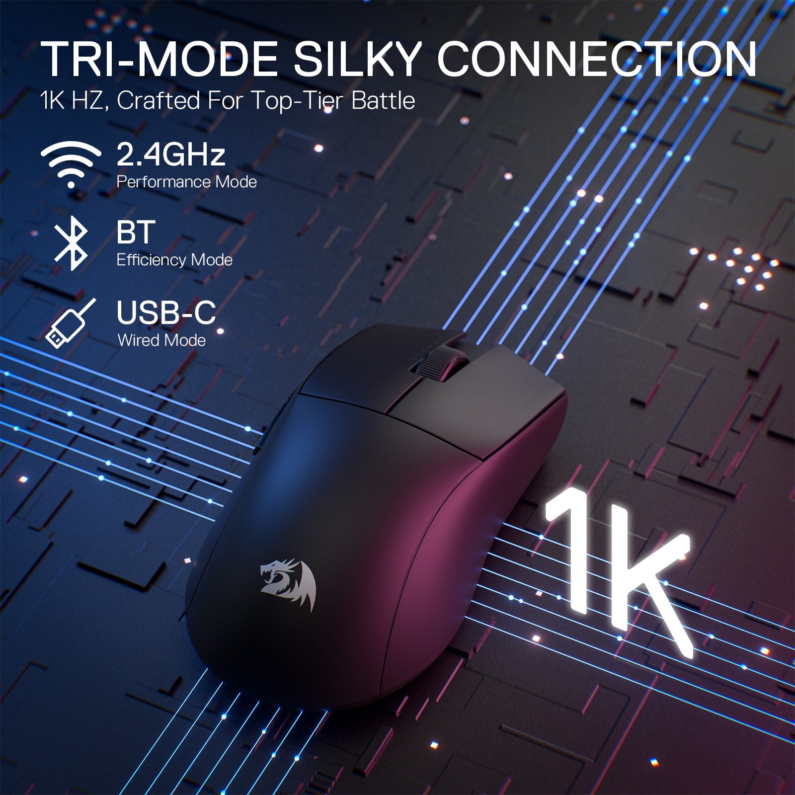 Redragon M916 PRO 3-Mode Wireless 49G Ultra-Light 26K DPI Gaming Gamer Mouse Black