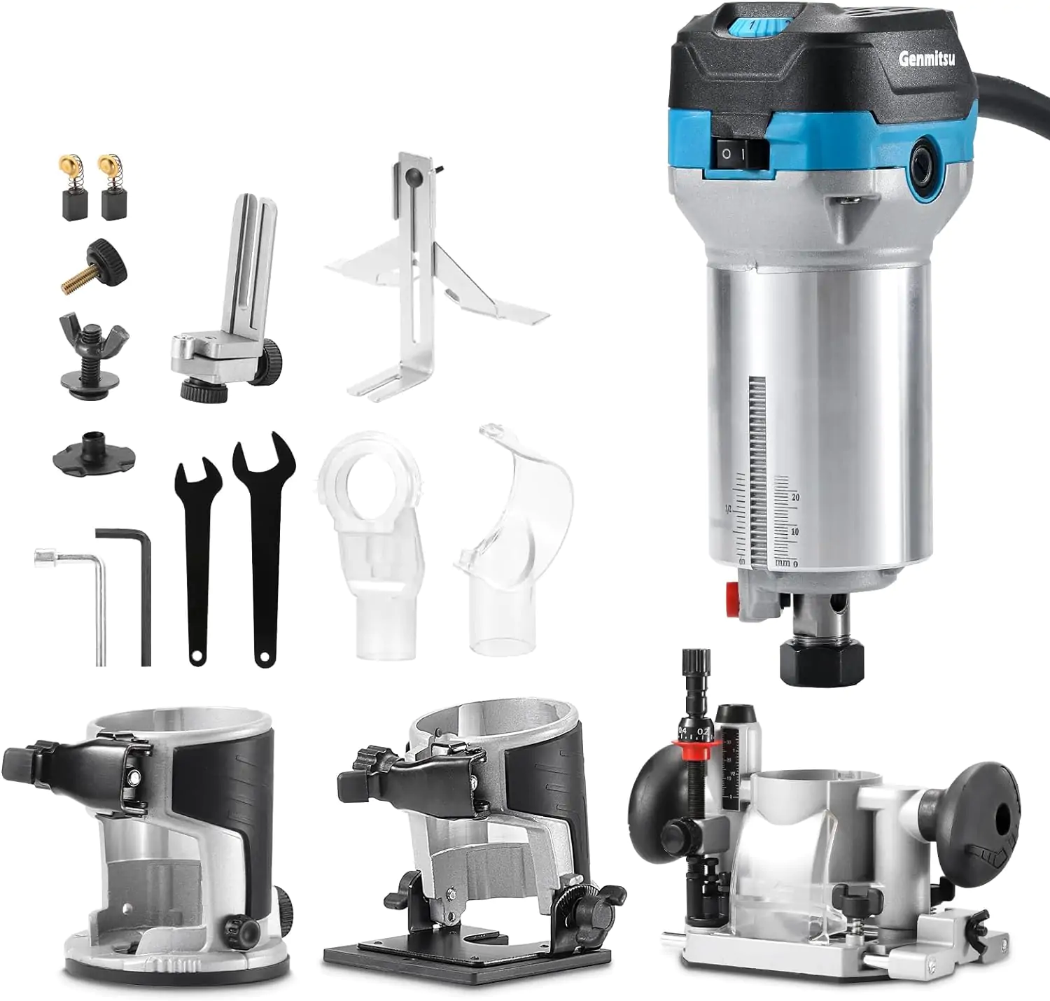 Genmitsu 1.25 HP Palm Trimmer Router Kit Compact Router Wood Tool With Fixed Base Plunge Base Tilt Base 6 Variable Speeds 10000 30000 R MIN msy