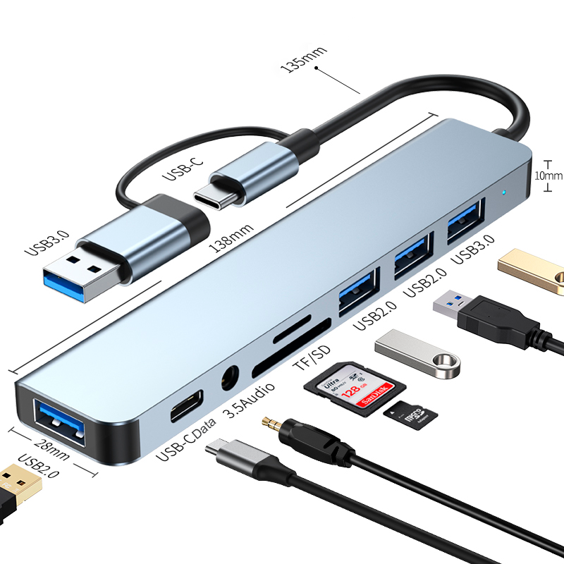 2 in 1 Dual Connector USB hubs 8 in 1, USB 3.0 2.0 3.5mm Audio PD Charging SD TF Splitter Multiport Adapter usb hub 3.0