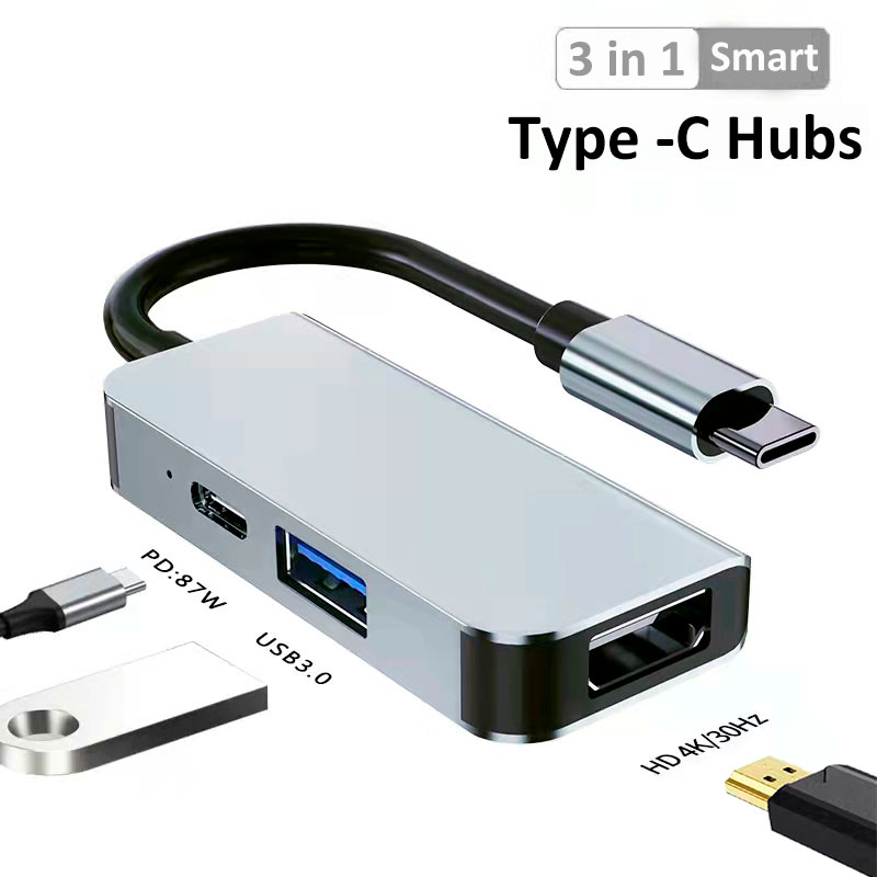 3 in 1 Multi-Functional Hubs Adapter PD 87W Fast Charging USB3.0 HDMI4K/30Hz Hubs for Notebook Monitor 