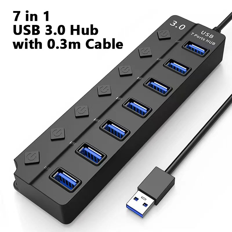 USB Hub 3.0 Splitter with Individual On/Off Switches and Lights 30cm Cable USB Extension 7-Port USB Black