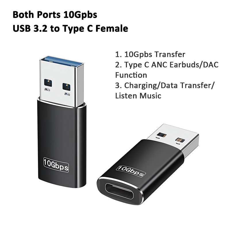 USB3.2 Gen2 USB A Male to USB C female Adapter 10Gbps USB A to C Converter with VL162 Chip Black(1pc)