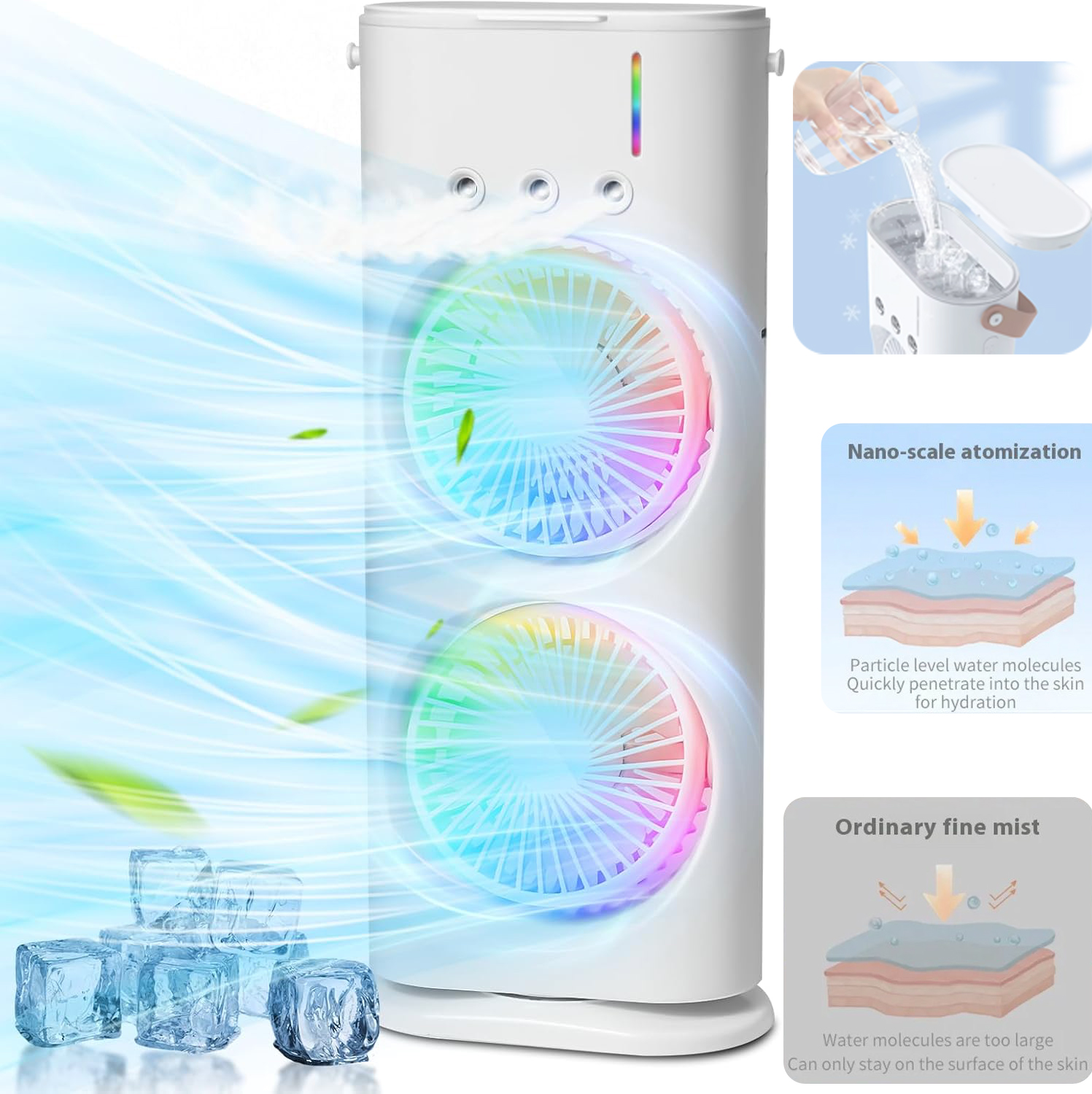 Desk Fan Portable Air Conditioner Cooling Fans Dual Mist Rechargeable Oscillating Evaportive Mobile Air Cooler Fan Personal Cooler Mini Humidifier Fan