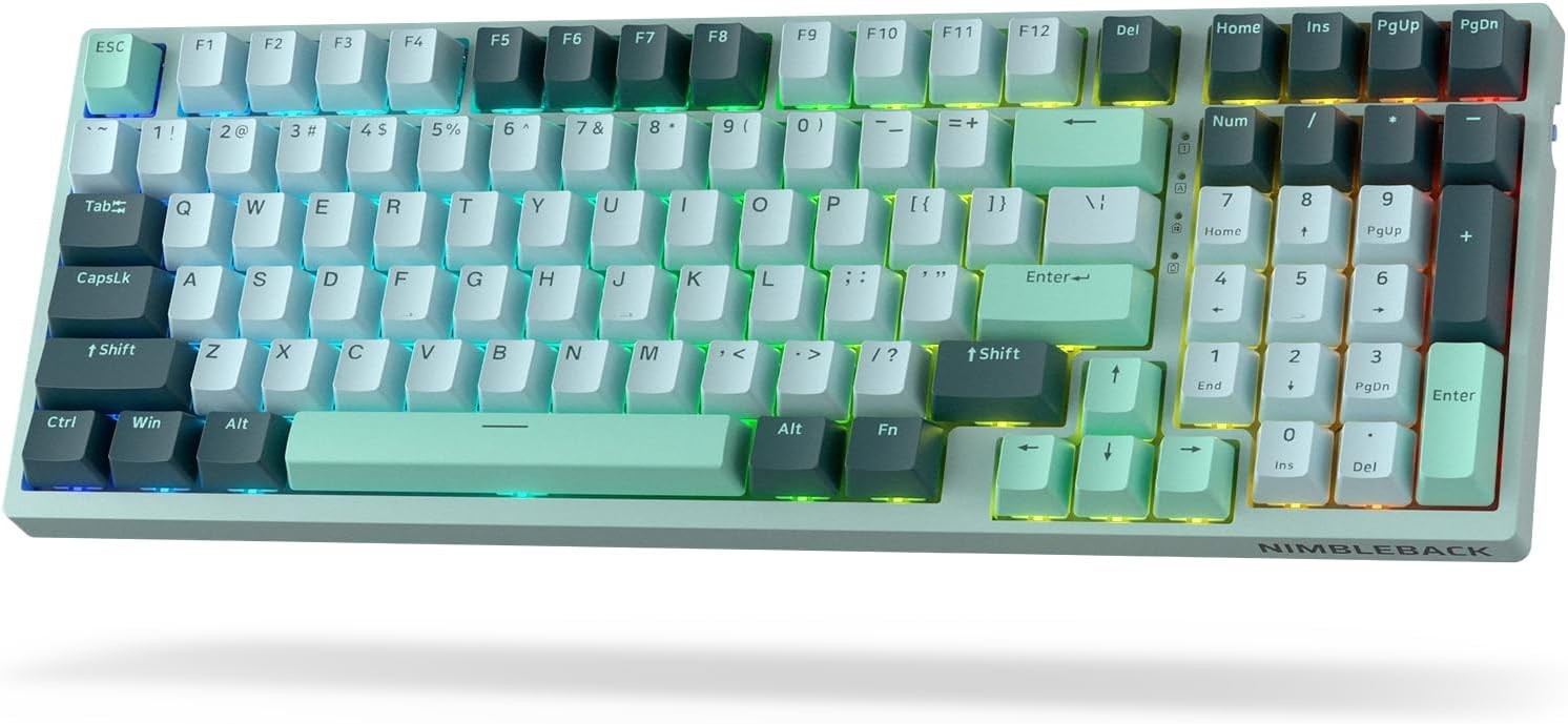 LTC Nimbleback NB981 95% Wireless Mechanical 2.4G/ BT/USB-C Wired RGB 98 Keys Gaming 3-Layer Dampener, Hot Swap Keyboard,Lake Blue Switches,Green