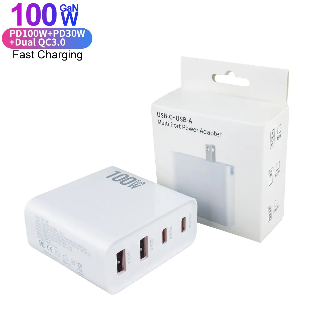 MOREJOY 100W GaN Wall Adapter USB C USD A Fast Charger Plug C-port(Max 100W) A-port(Max 18W)Compatible with Smart Phones Iphone Ipad Laptop