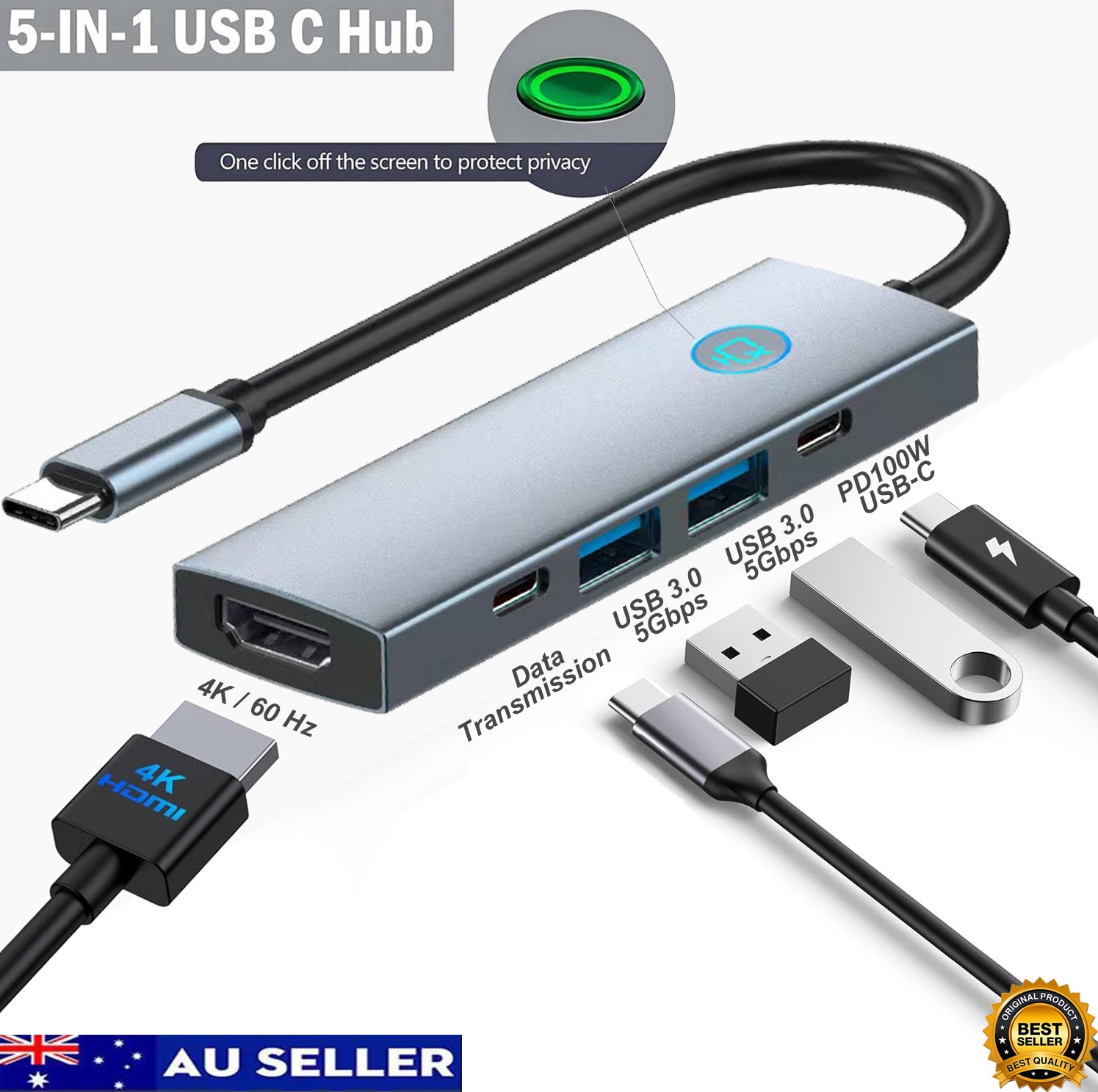 USB C Hub 5 in 1 Multifunctional Docking Station HDMI Adapter, Equipped with Screen on/Off Button USB c to hdmi hub for laptops Other C Devices 