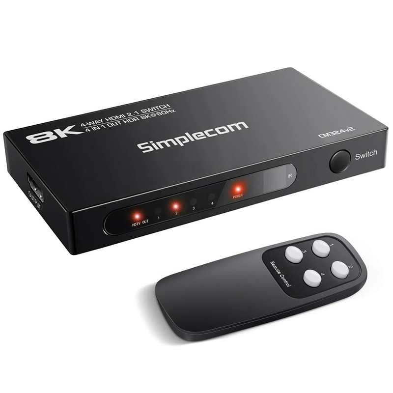 Simplecom 4-Port HDMI 2.1 Switch with Remote and 4 in 1 OUT Splitter (CM324v2)