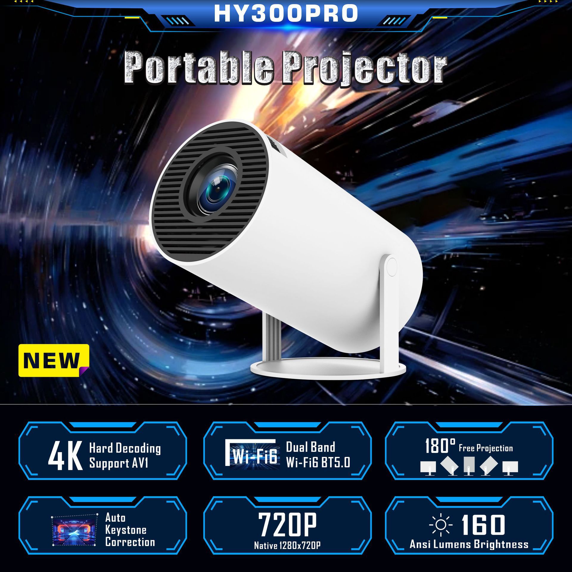 Portable  4K HD Mini Projector, Support Android 11.0 Dual WIFI Wireless 5. 2 Mini Projector with Auto Keystone Correction 180° Adjustment