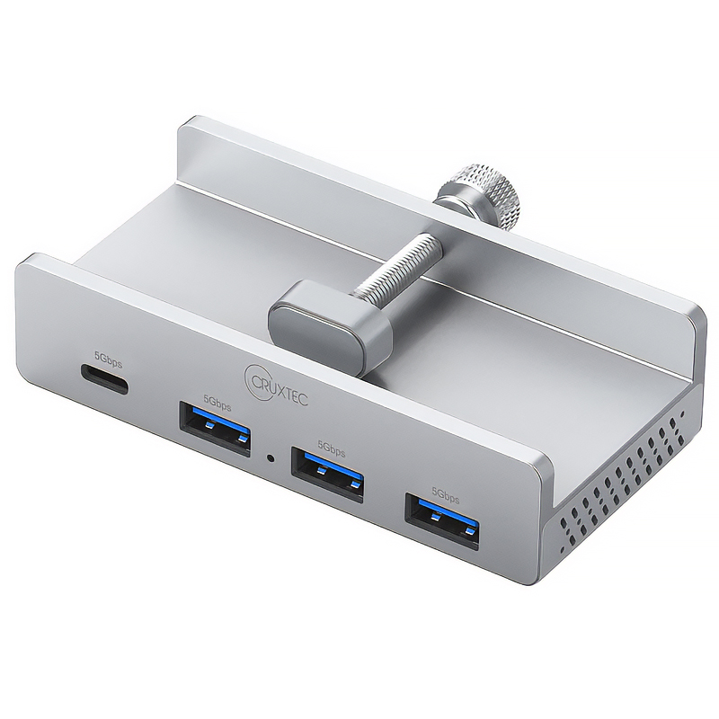 Cruxtec 4-Port Aluminum Clamp USB 3.0 HUB with USB-C Power Supply Port (TC3-1C3A-SV )