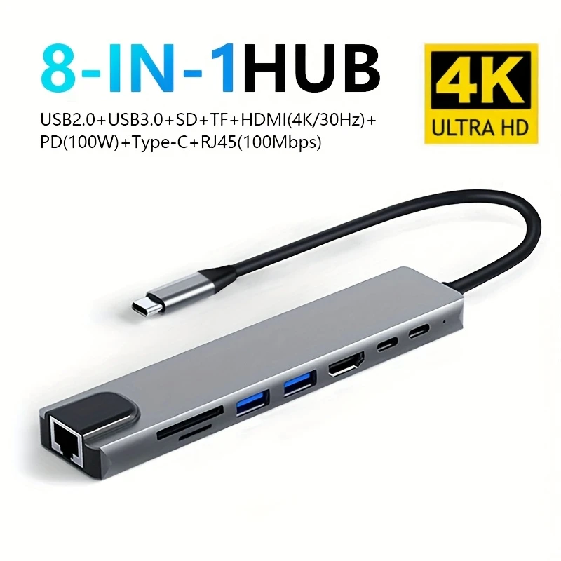 8-in-1 USB-C Hub 4K HDTV Adapter with PD 100W Charging, RJ45 Ethernet, SD/TF Card Reader, USB 2.0/3.0 Ports for Laptops
