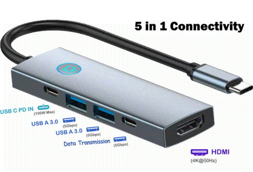 USB C Hub 5 in 1 Docking Station 4K@60Hz One Click Screen Projection One Click Screen Rest USB C to HDMI Splitter Multiport USB Adapter USB Splitter