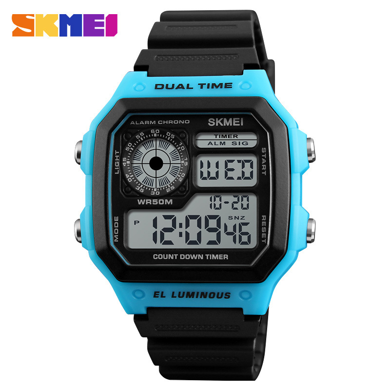 Fashion and Creative Digital Men's Watch Square Electronic Outdoor Sports Student Waterproof Luminous Watch 1299-blue 