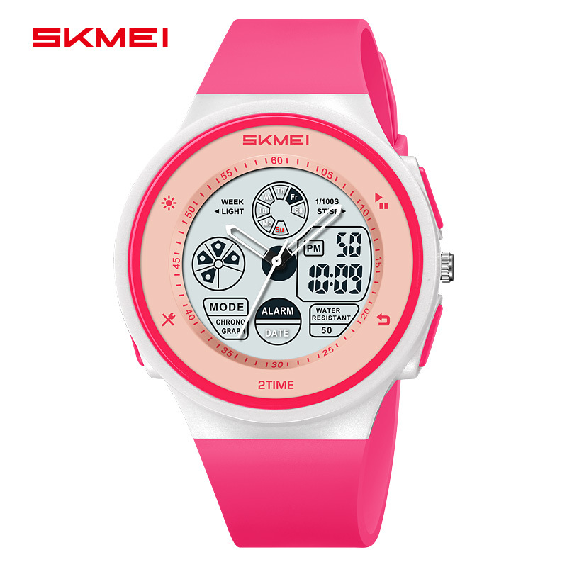 Multi functional sports waterproof electronic watch for students, male and female electronic pointer dual time watch 2346-rose red