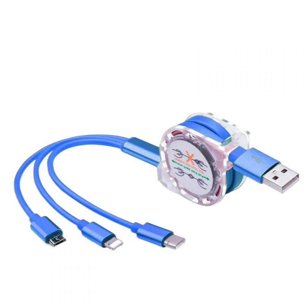 One to three telescopic data cable, three in one multifunctional mobile phone charging cable duruier-blue
