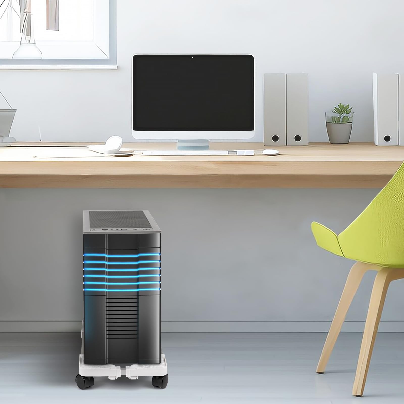 Mobile Computer Tower Stand, Adjustable PC Case Holder with 4 Wheels, Fits Most Desktop Towers (White)