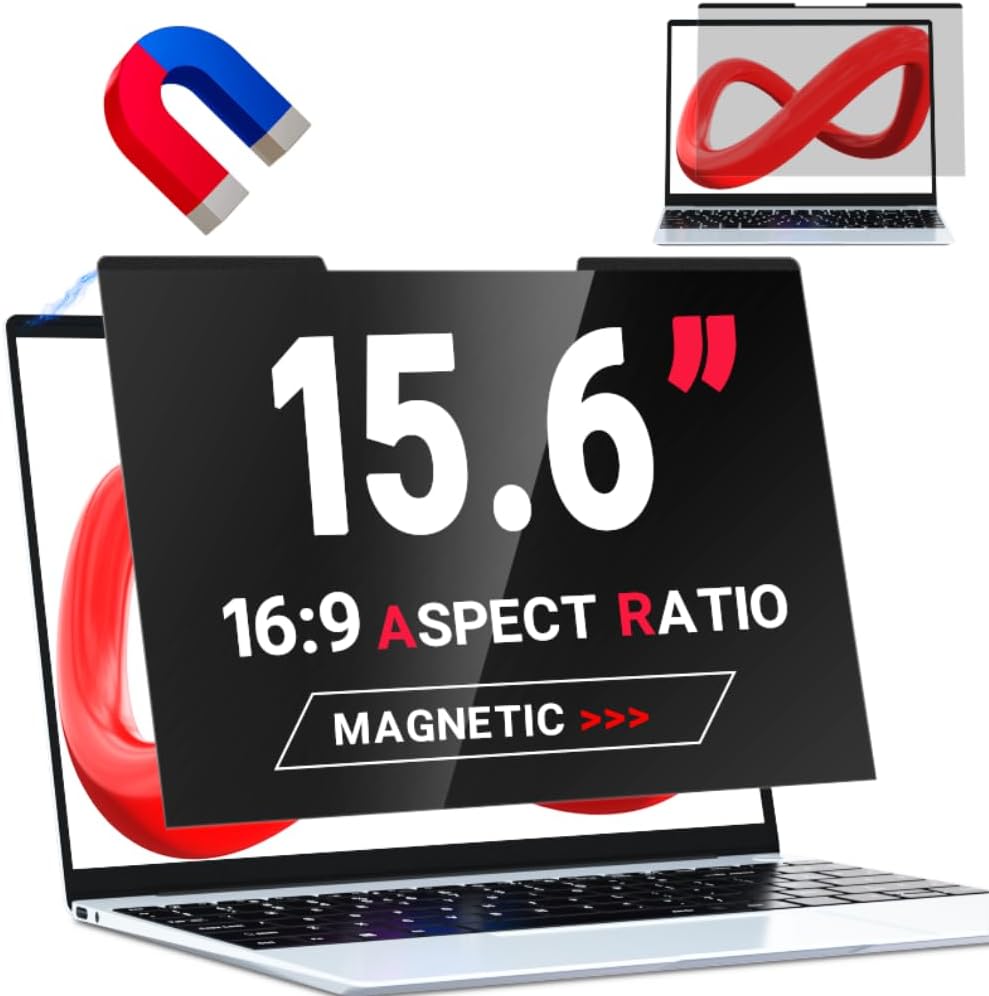 Magnetic 15.6 Inch Laptop Privacy Screen for 16:9 Computer Monitor, Removable Anti Glare Blue Light Filter Protector, 15 in Privacy Shield Compatible 