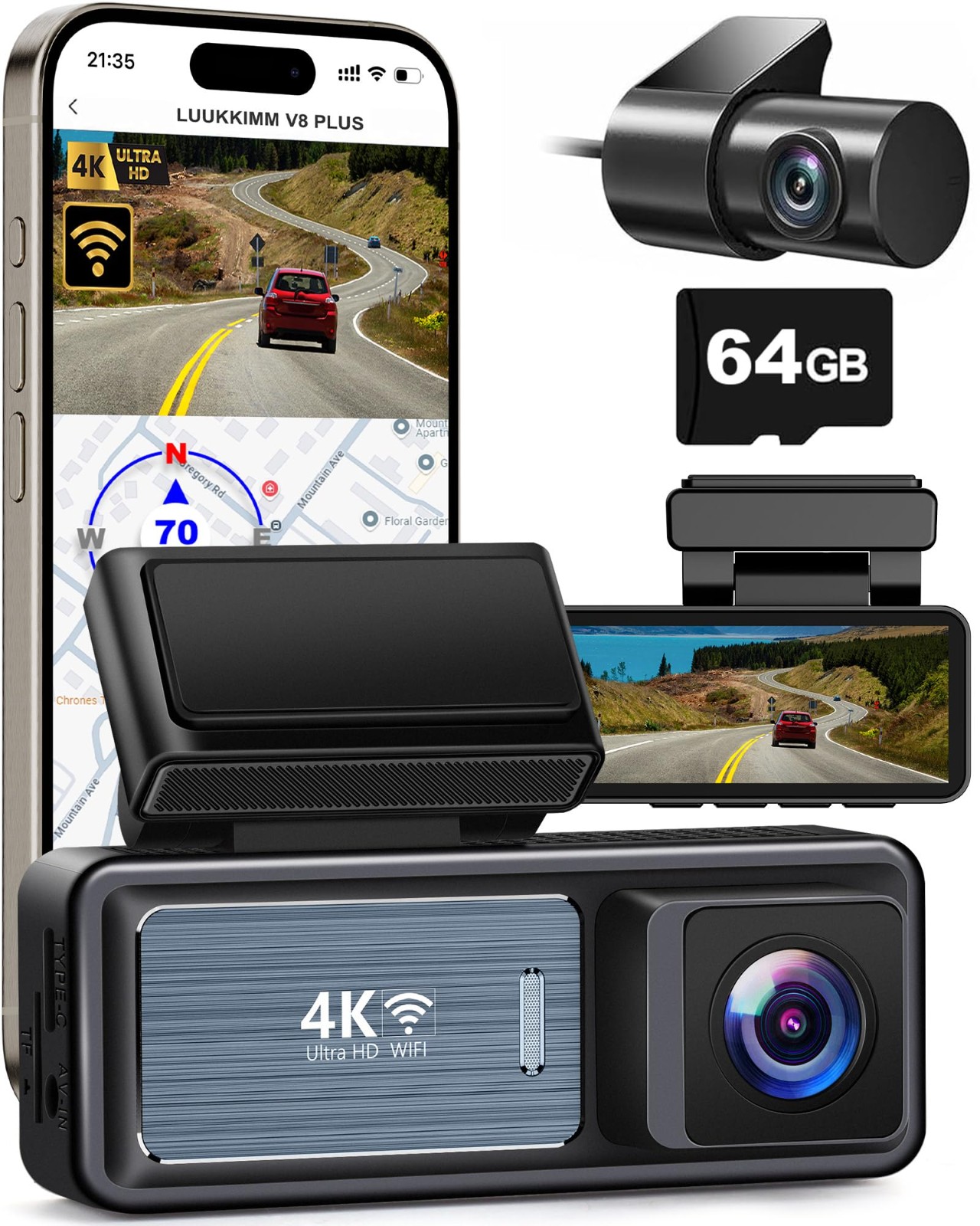 4K Dash Cam Front and Rear, Built-in WiFi GPS 2160P+1080P UHD Night Vision Dual Lens Dash Camera for Cars, Dashcam Included 64GB Card, 2” Screen