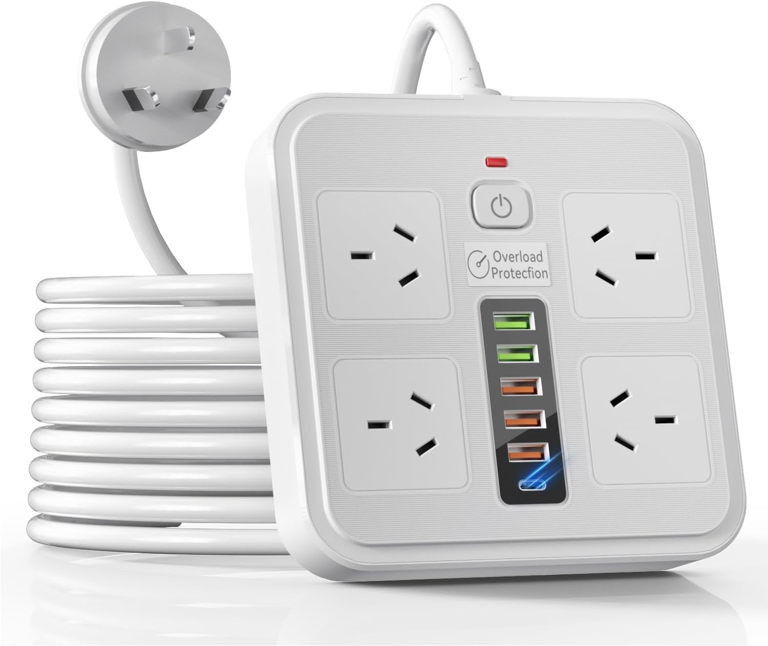 Powerboard USB 10in1 Power Board with Surge Protection Smart USB C Power Board with 4-Outlets Wall Mountable Powerboard with 2M Power Extension White