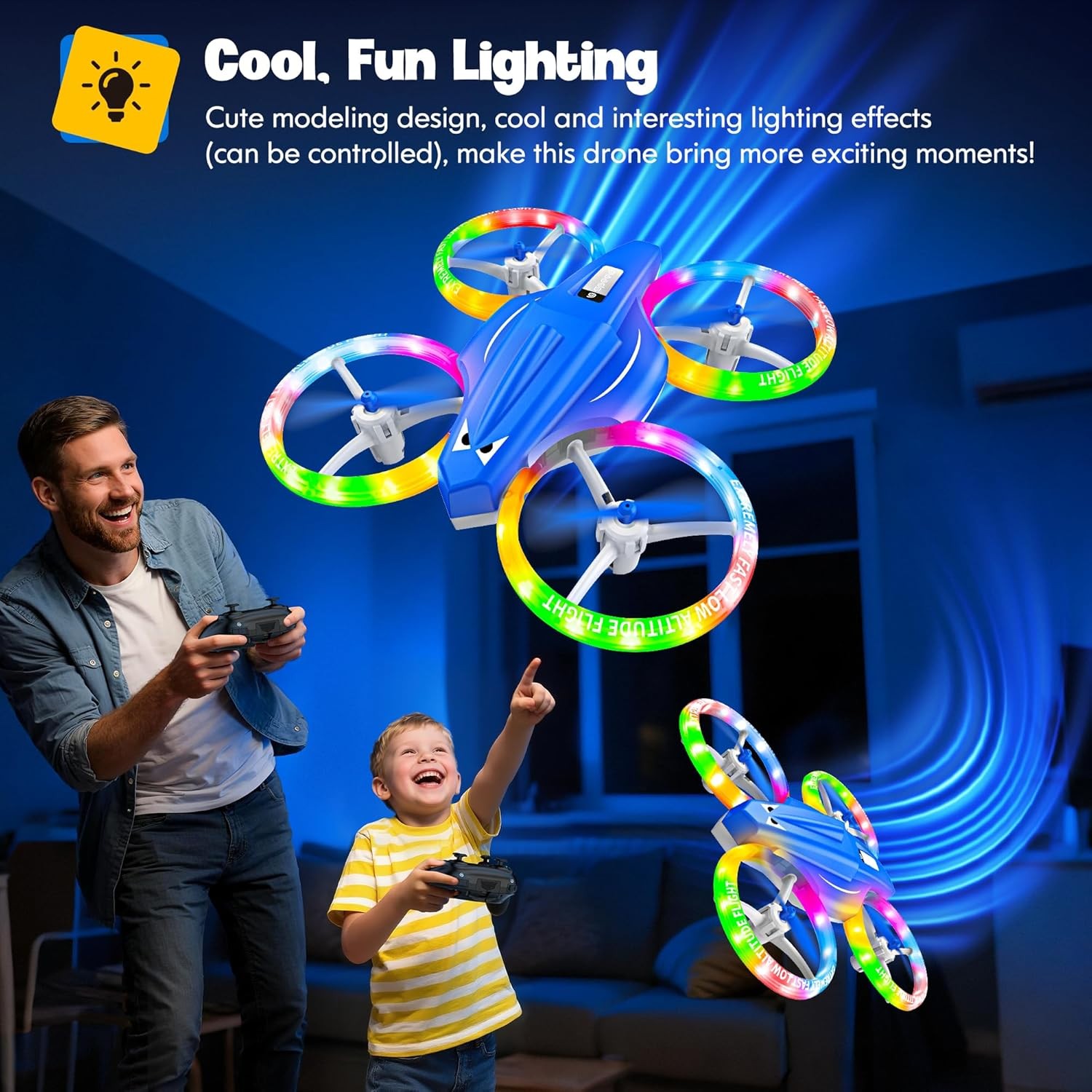 Drone for Beginner with Cool Light Indoor Rc Drone with 3D Flip Kids Flying Toy Altitude-Hold Self-Rotation Headless Mode One-Click Take-off/Landing