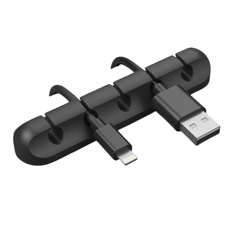 Black 5-Hole Desktop Cable Organizer, Self-Adhesive Silicone Clip for Data/Mouse/Power Cords