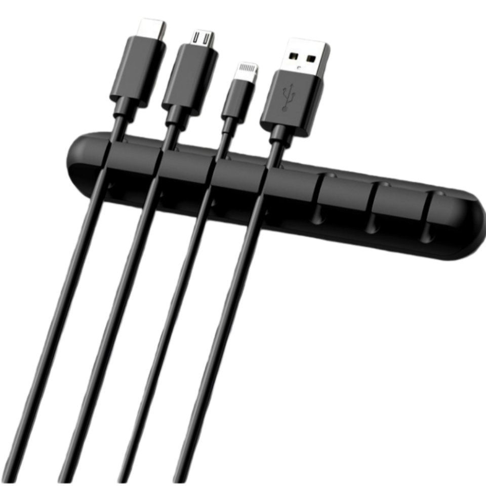 Black 7-Hole Desktop Cable Organizer, Self-Adhesive Silicone Clip for Data/Mouse/Power Cords