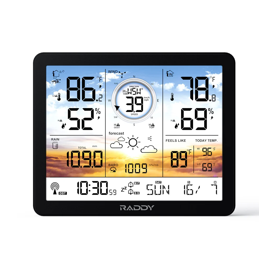 AG7 Weather Station Wireless Indoor Outdoor Thermometer, 7.4'' Digital Color Display Atomic Weather Clock, Temperature Humidity Monitor with Weather F