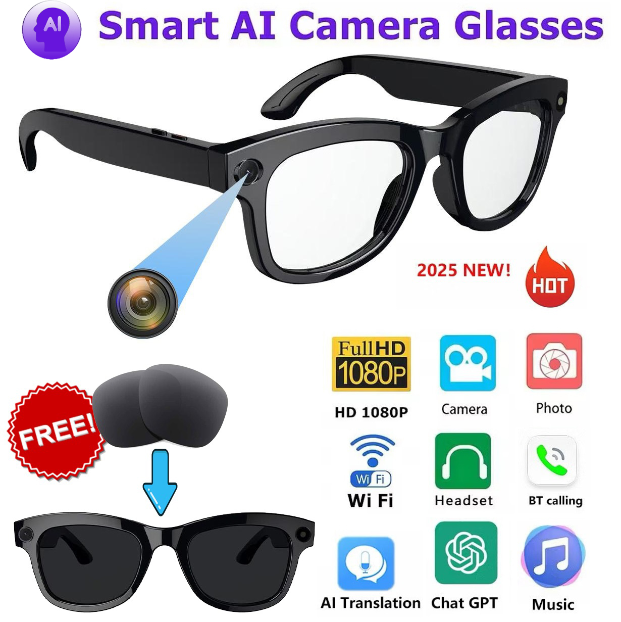 Lunettes Connectées Traducteur IA 2025 - Traduction Simultanée Avec écouteurs Bluetooth