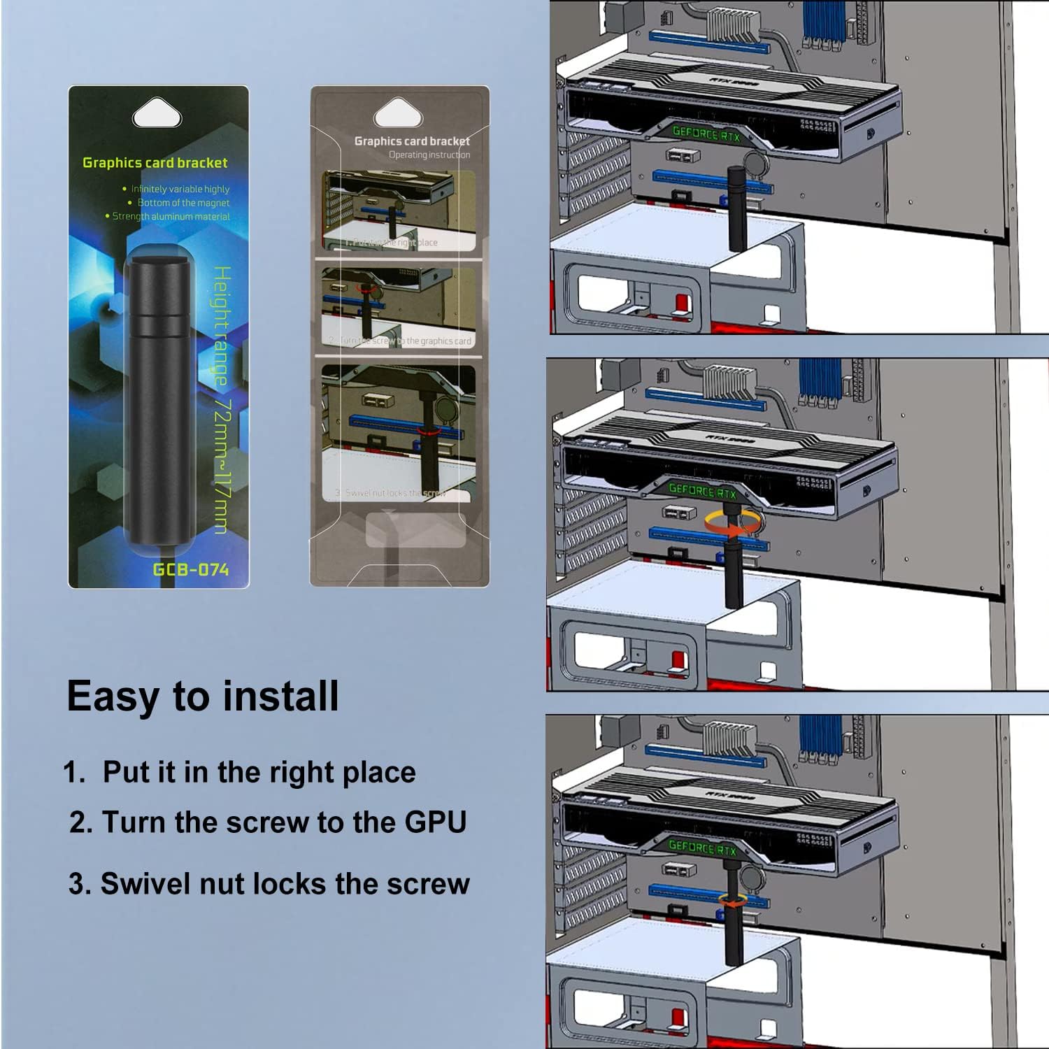 GPU Support Bracket, Adjustable Height 74 to 120 mm, Prevents GPU Sag, Universal GeForce or AMD Graphics Card Support Stand, White