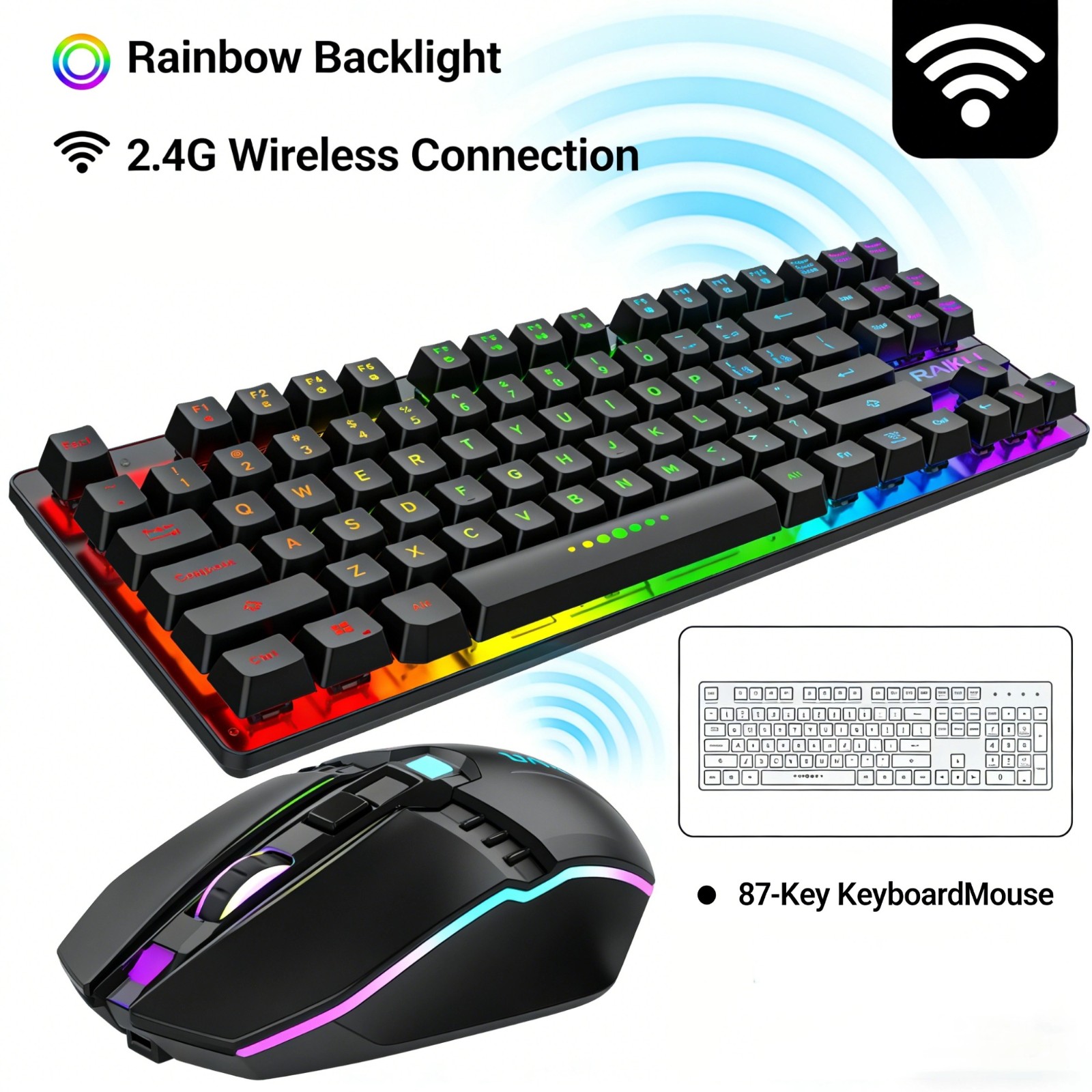 VELORICA Wireless Gaming Keyboard and Mouse Combo, LED Backlit Rechargeable, Mechanical Feel Anti-ghosting Keyboard for PC Gamer (Black)