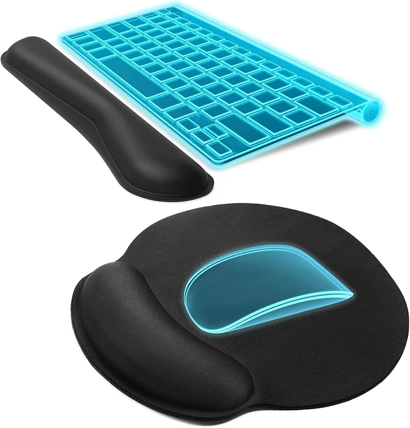 Mouse Mat with Hand Rest, Gel Cushion, Ergonomic Raised Memory Foam Wrist Rest, Keyboard, Non-Slip PU Rubber Base, Pain Relief for Home, Office