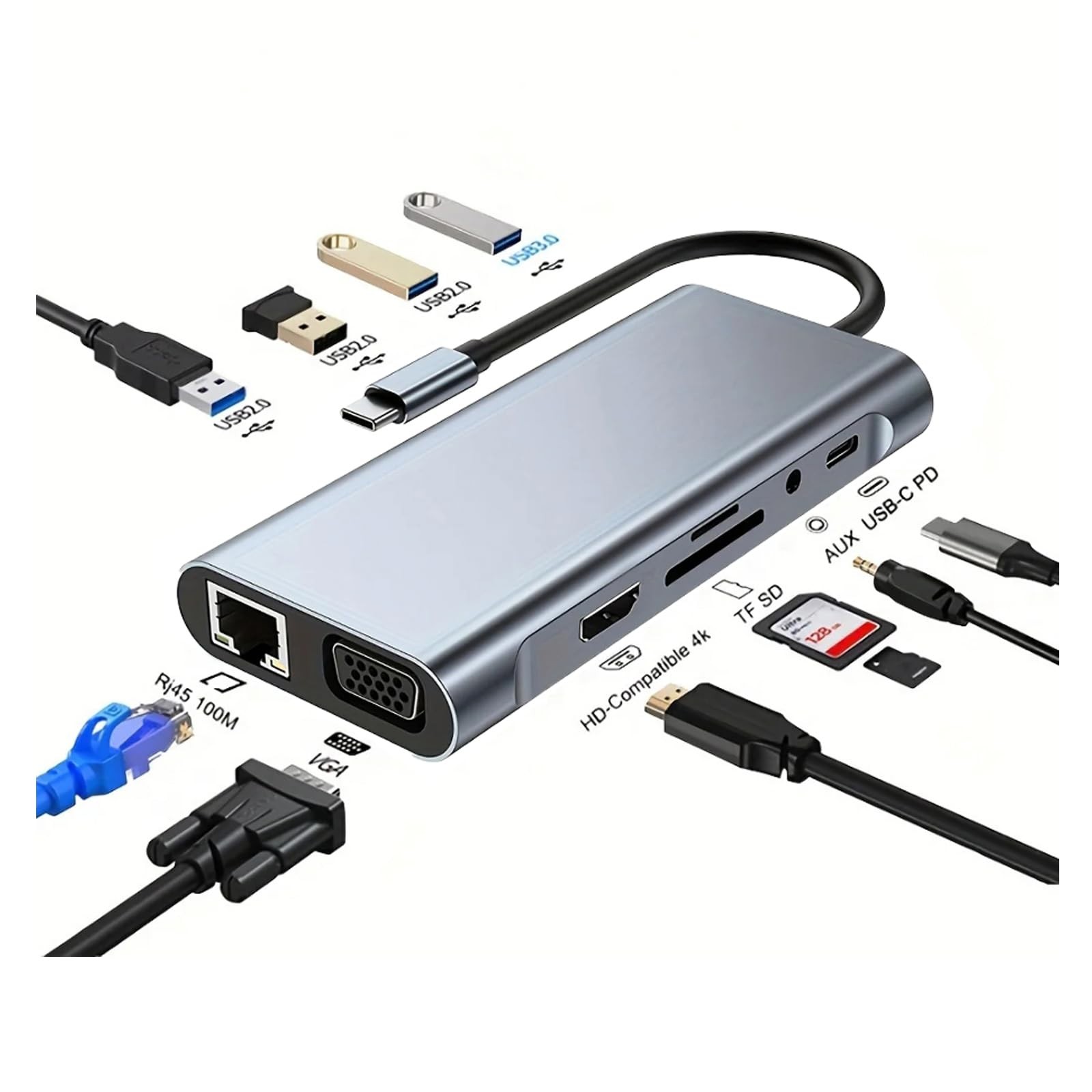11-in-1 USB-C Docking Station for Laptop/MacBook/NUC: 4K HDMI, VGA, RJ45 Ethernet, USB 3.0, 3xUSB 2.0, 100W PD, SD/microSD Card Reader, Audio