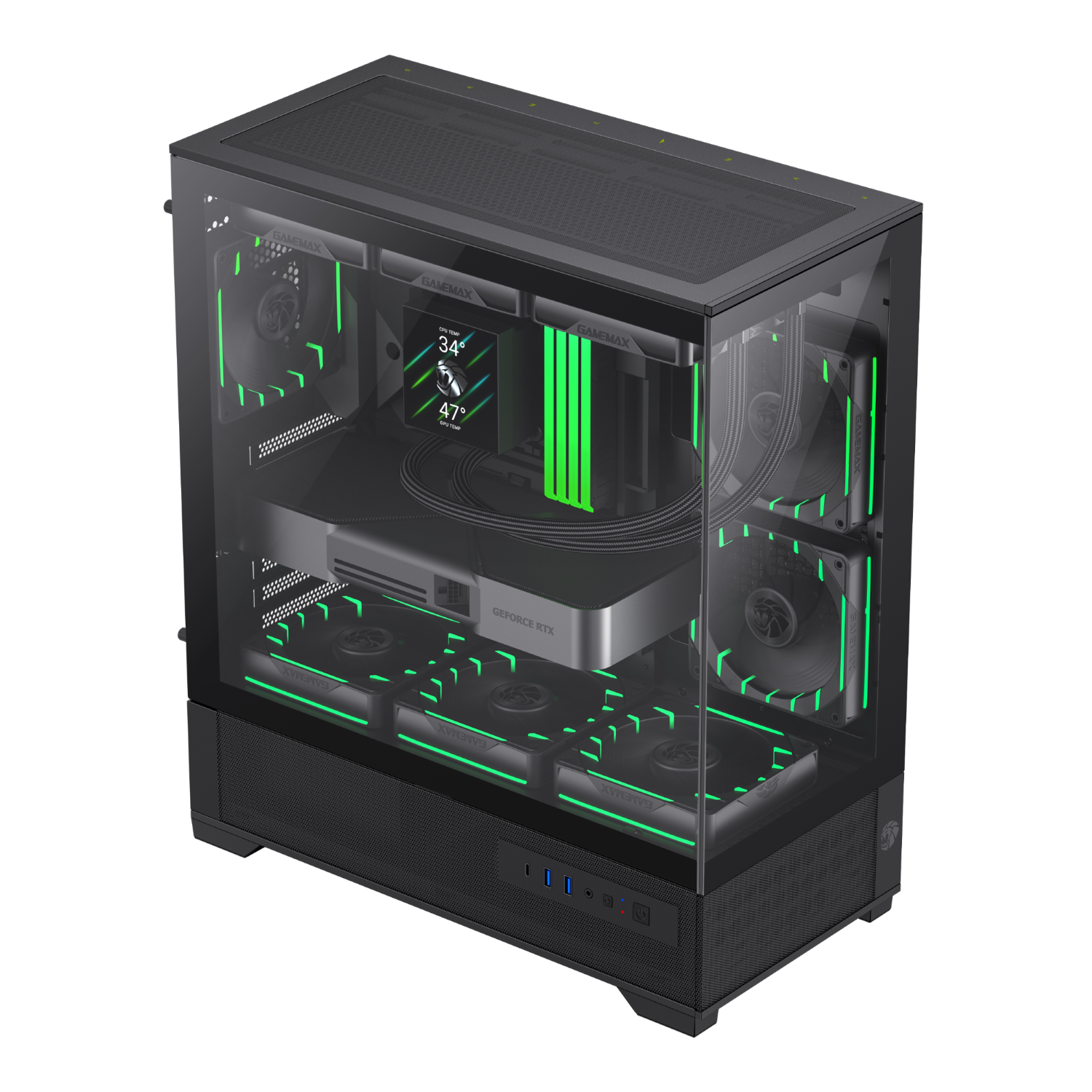 GameMax Vista 2 Black ATX Mid Tower Gaming Case - 3x ARGB Fans Pre-installed, Tempered Glass Window, High Airflow PC Chassis
