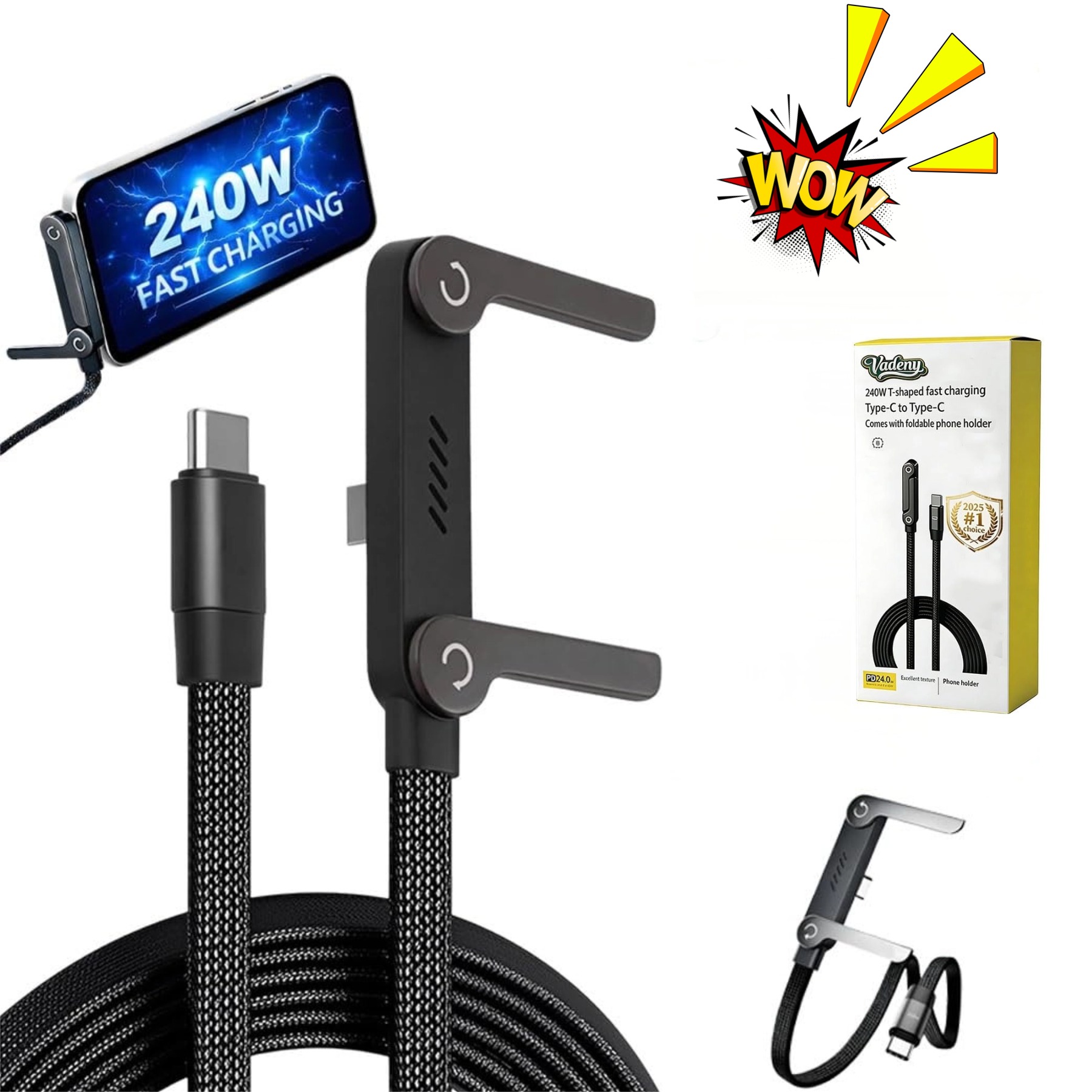 VELORICA 240W Super Fast Charging,1.5M Type C to C Charger Lightning Cable with Stand,Support Fast Charging Cord for Gaming Office Travel