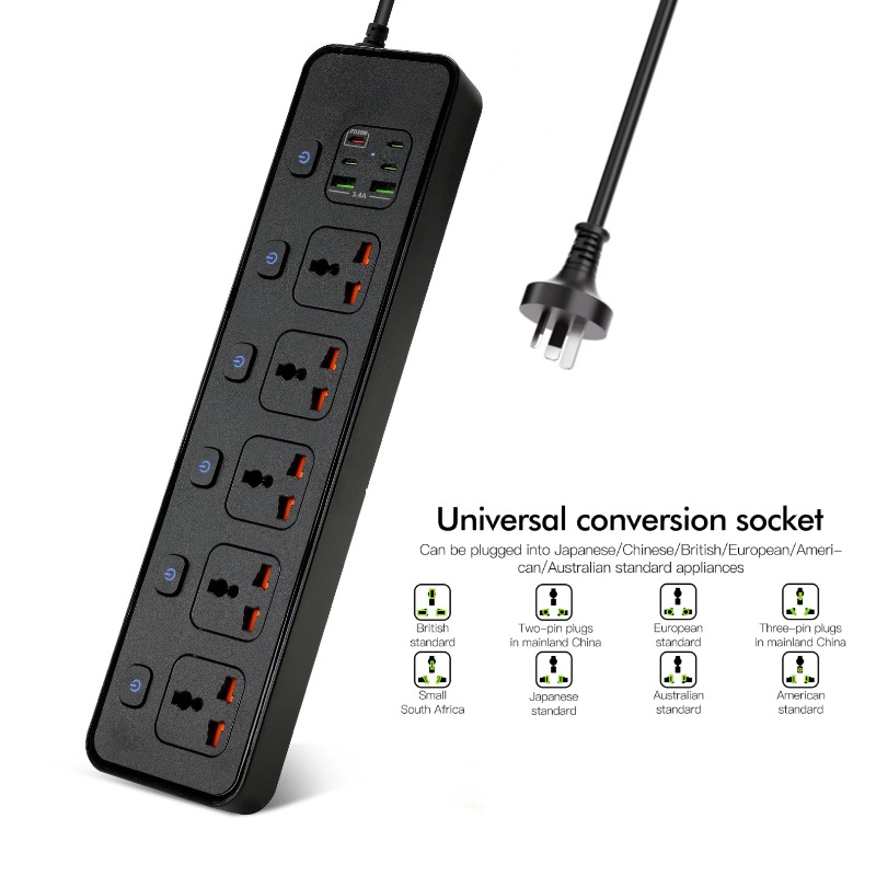 Power Board Individual Switches,1.8M Power Strip with 5 International Universal AC Socket Holes,6 USB Fast Charging,for Home Office Black